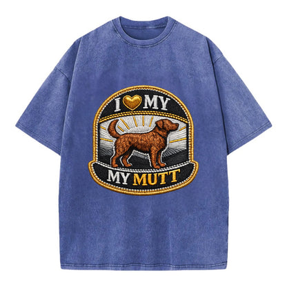 I LOVE MY MUTT - mixed breed silhouette in brown , rescue pride - Vintage T-shirt - Blue