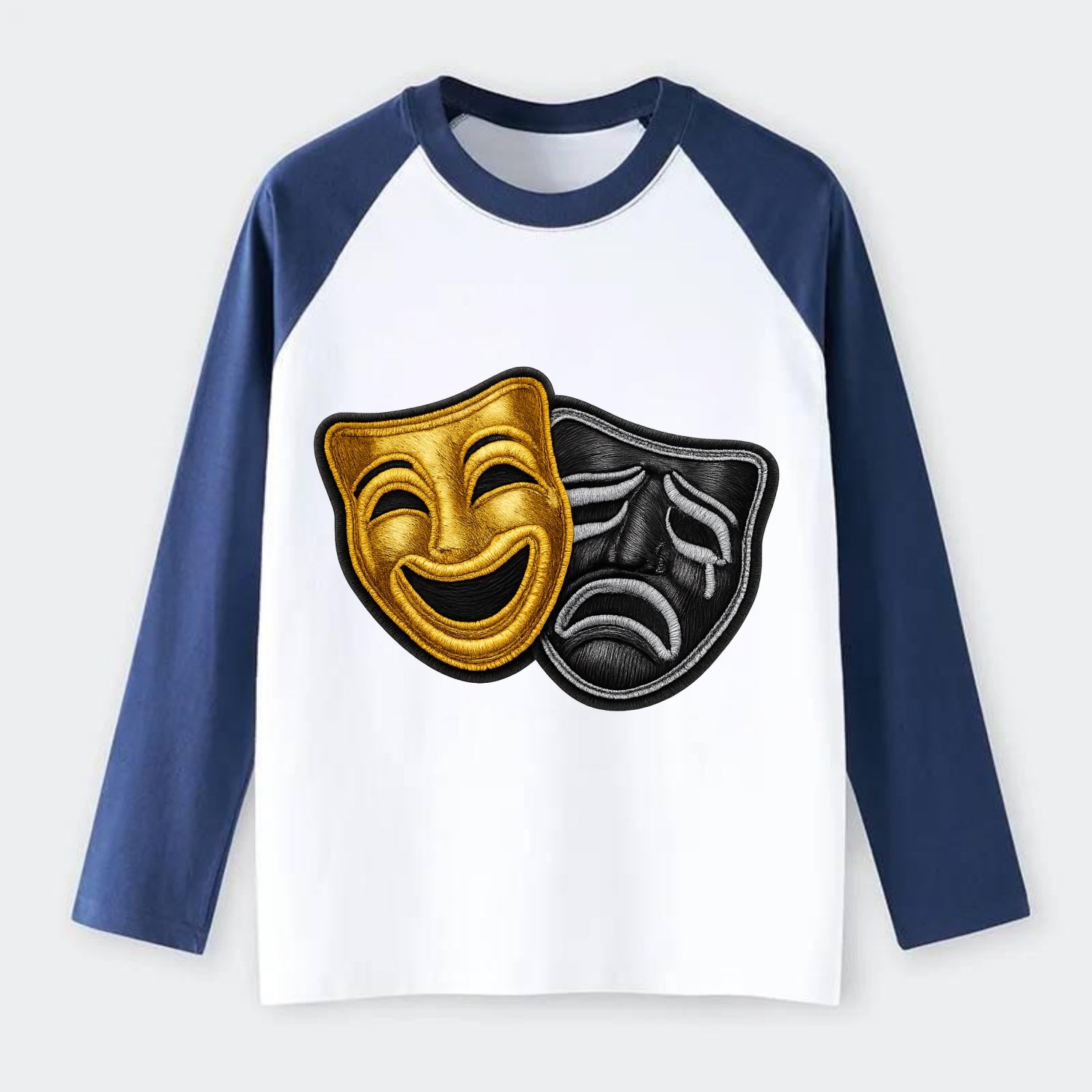 BROADWAY MASKS - comedy tragedy masks in gold and black , theater - Raglan Long Sleeve T-Shirt - Blue