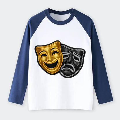 BROADWAY MASKS - comedy tragedy masks in gold and black , theater - Raglan Long Sleeve T-Shirt - Blue