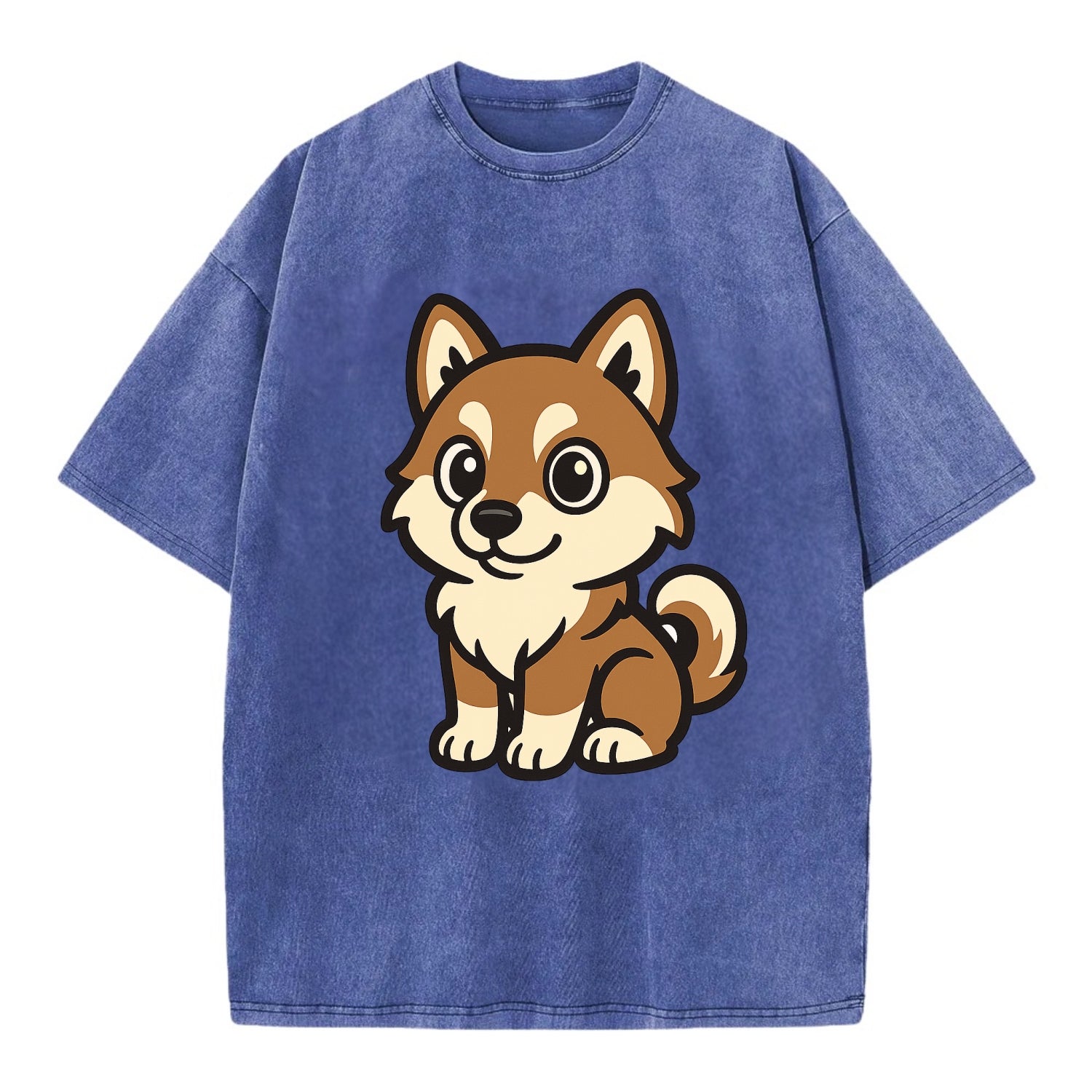 Pomsky - Pomeranian-Husky mix sitting pose - Vintage T-shirt - Blue
