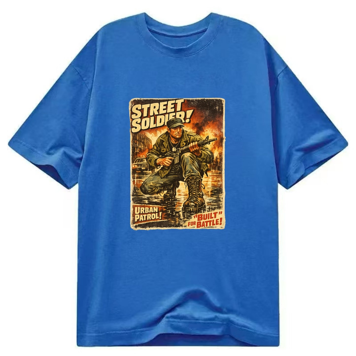 COMBAT READY | Military boots on wet pavement | Street soldier | Urban patrol | - Classic T-shirt - Blue