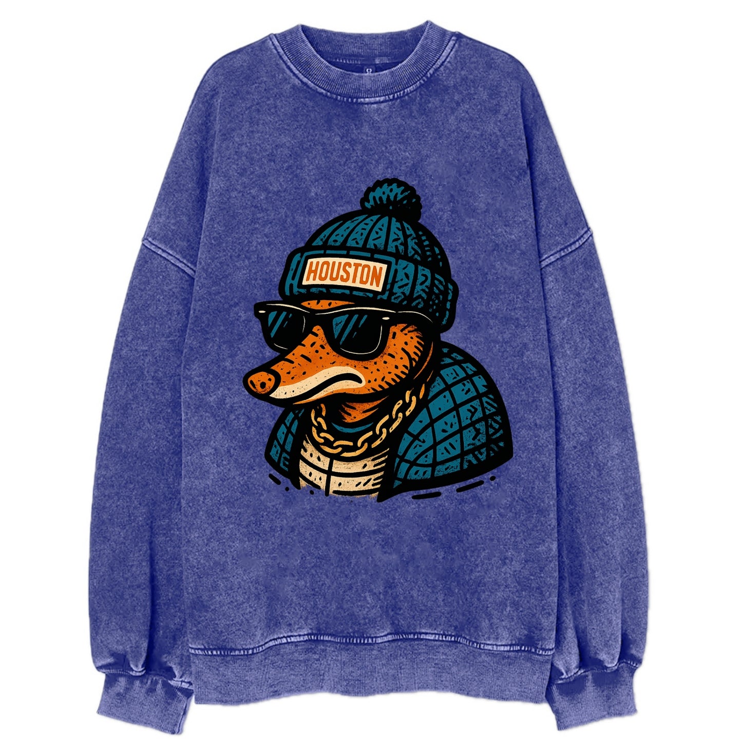 Houston Armadillo wearing Houston beanie with pom pom and wayfarer sunglasses - Vintage Sweatshirt - Blue