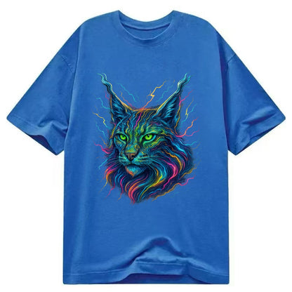 Wild lynx with ear tufts transforming into liquid mercury flows, silver and gold - Classic T-shirt - Blue