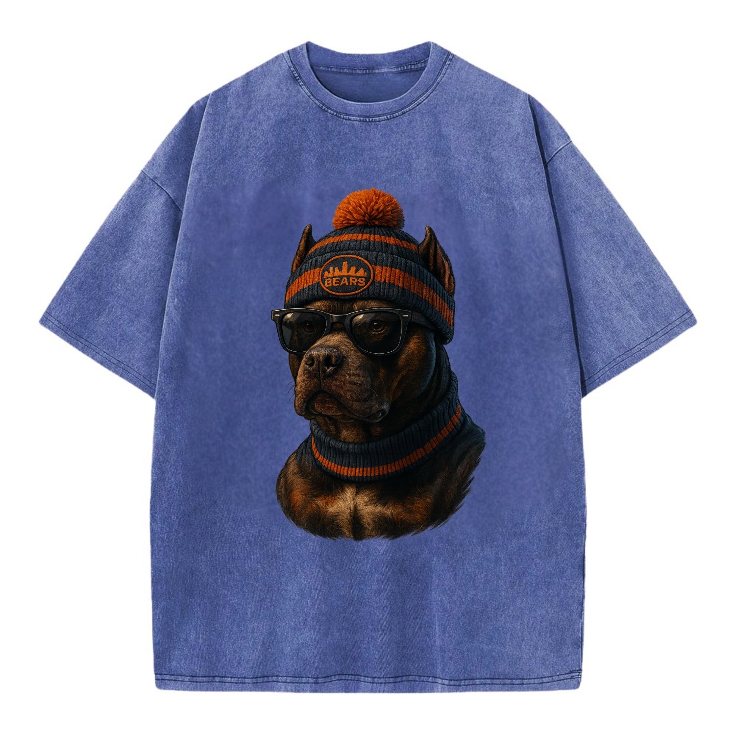 Chicago Pitbull wearing Bears beanie with skyline patch and wayfarer sunglasses - Vintage T-shirt - Blue