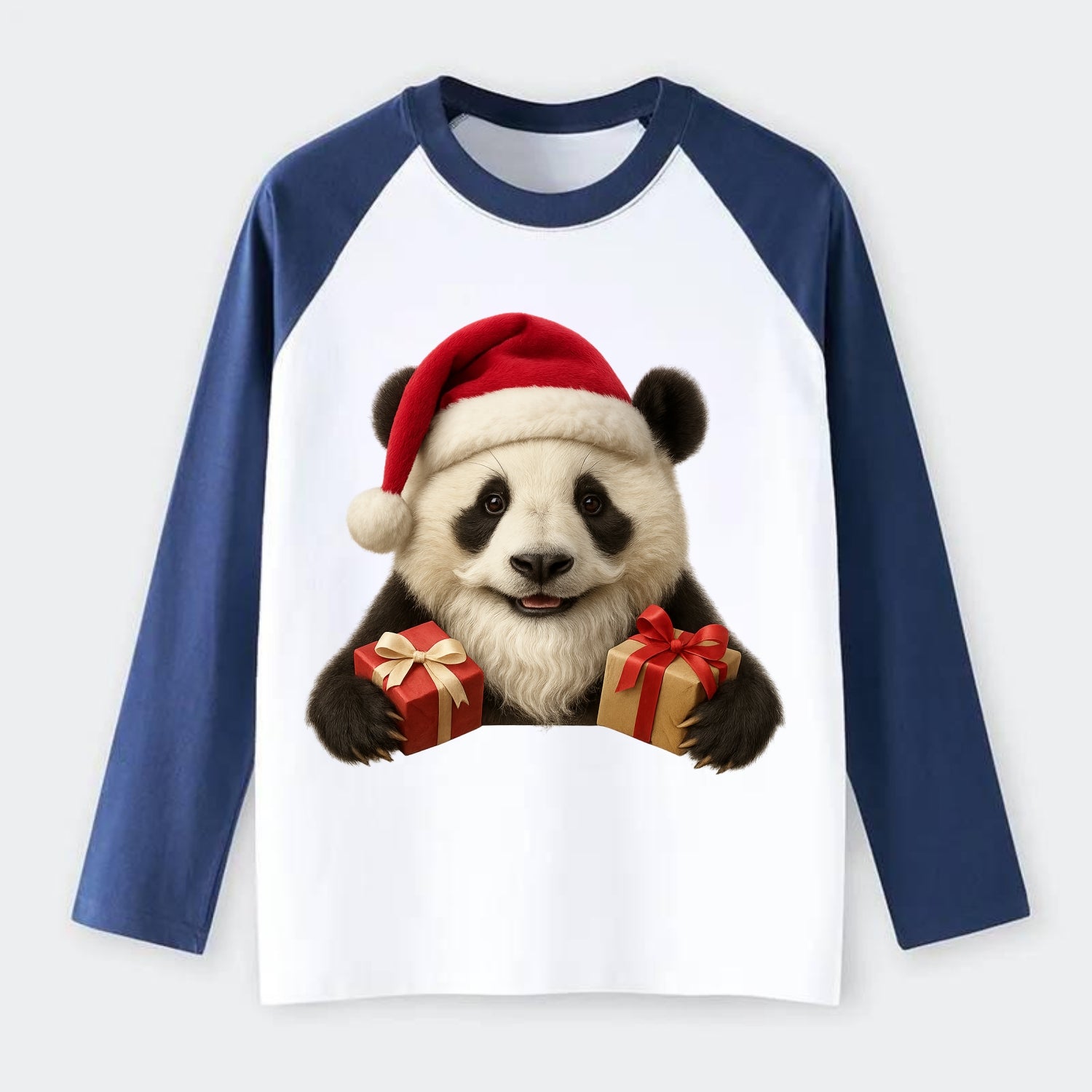 Santa Panda  - Raglan Long Sleeve T-Shirt - Blue