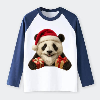 Santa Panda  - Raglan Long Sleeve T-Shirt - Blue