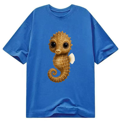 Baby Seahorse - curled tail, snout, large eyes, front-facing, delicate and cute - Classic T-shirt - Blue
