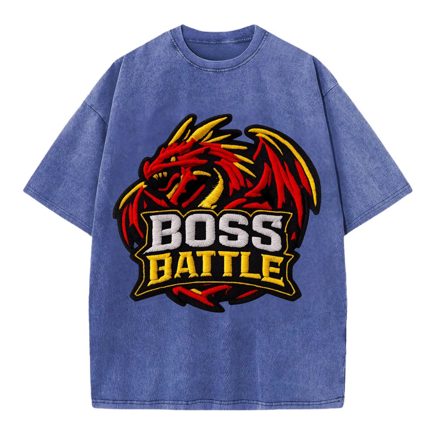 BOSS BATTLE - dragon silhouette in red and gold , raid - Vintage T-shirt - Blue