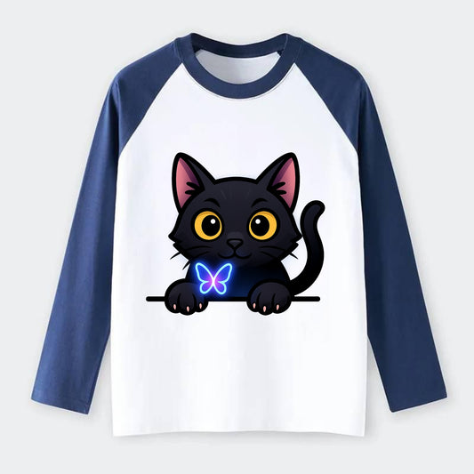 Midnight the black cat blowing a glossy bubblegum bubble while peeking. - Raglan Long Sleeve T-Shirt - Blue