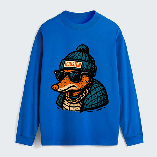 Houston Armadillo wearing Houston beanie with pom pom and wayfarer - Classic Long Sleeve Shirt