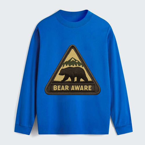 BEAR AWARE - bear silhouette warning in brown and yellow , wilderness - Classic Long Sleeve Shirt