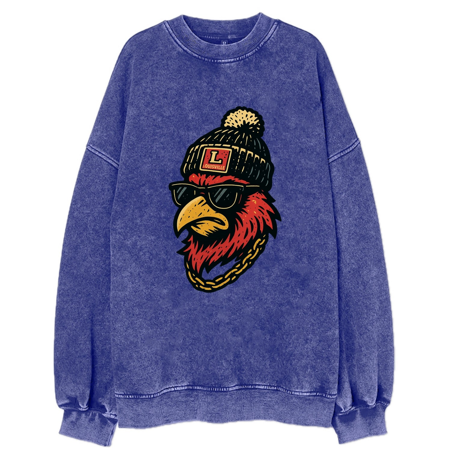 Louisville Cardinal wearing Louisville beanie with L patch - Vintage Sweatshirt - Blue