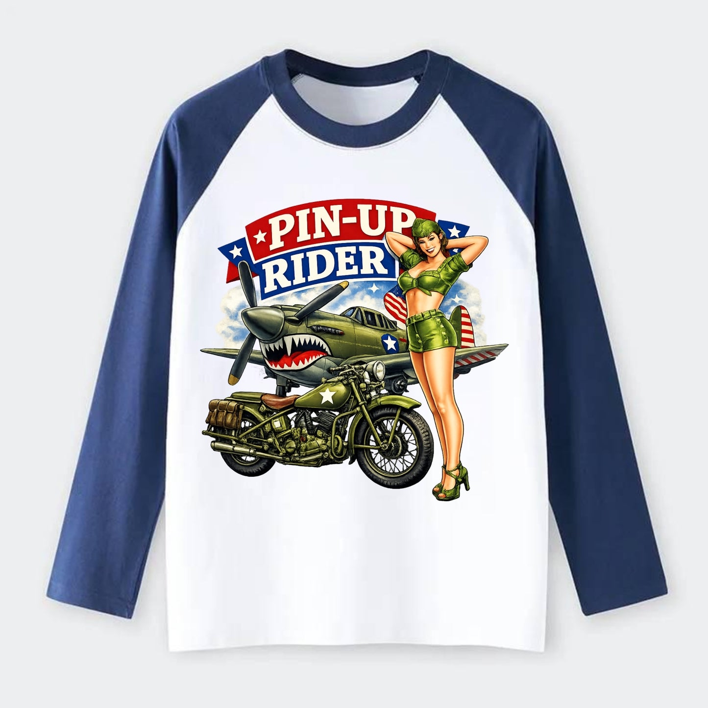 Wwii Pin Up Rider - Raglan Long Sleeve T-Shirt - Blue