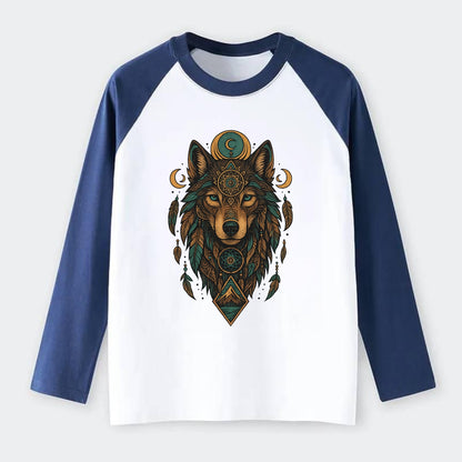 Retro 80s Wolf  - Raglan Long Sleeve T-Shirt - Blue
