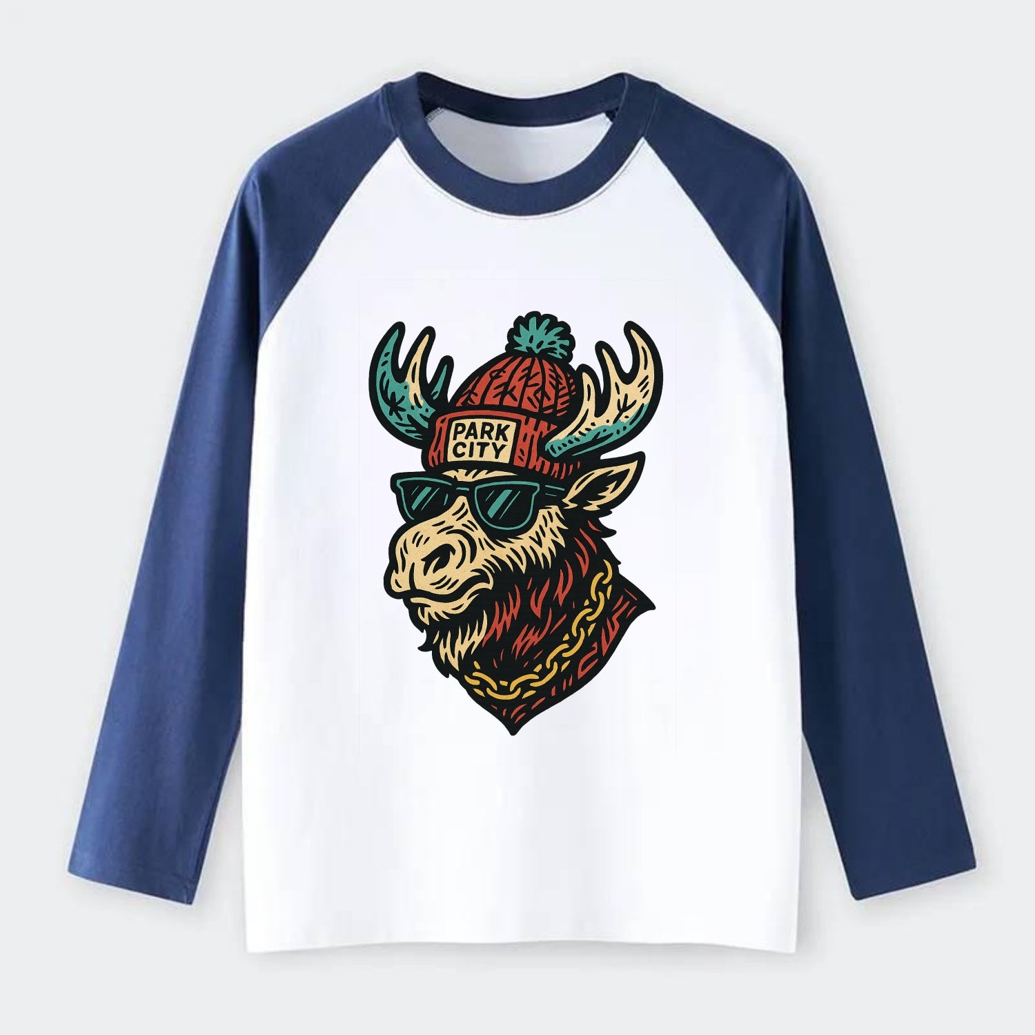 Park City Moose wearing Park City beanie with pom pom and wayfarer - Raglan Long Sleeve T-Shirt - Blue