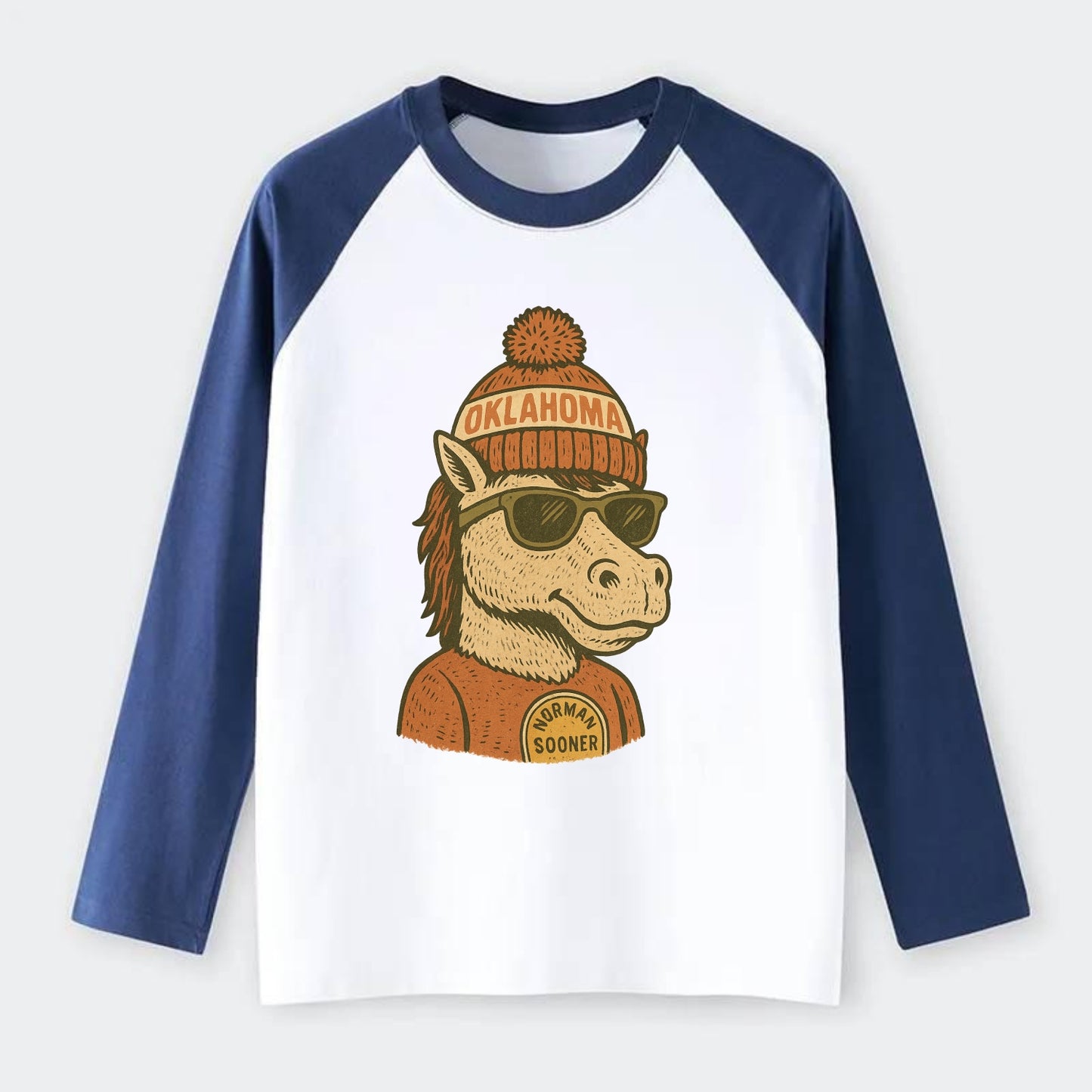 Norman Sooner Horse wearing Oklahoma bea - Raglan Long Sleeve T-Shirt - Blue