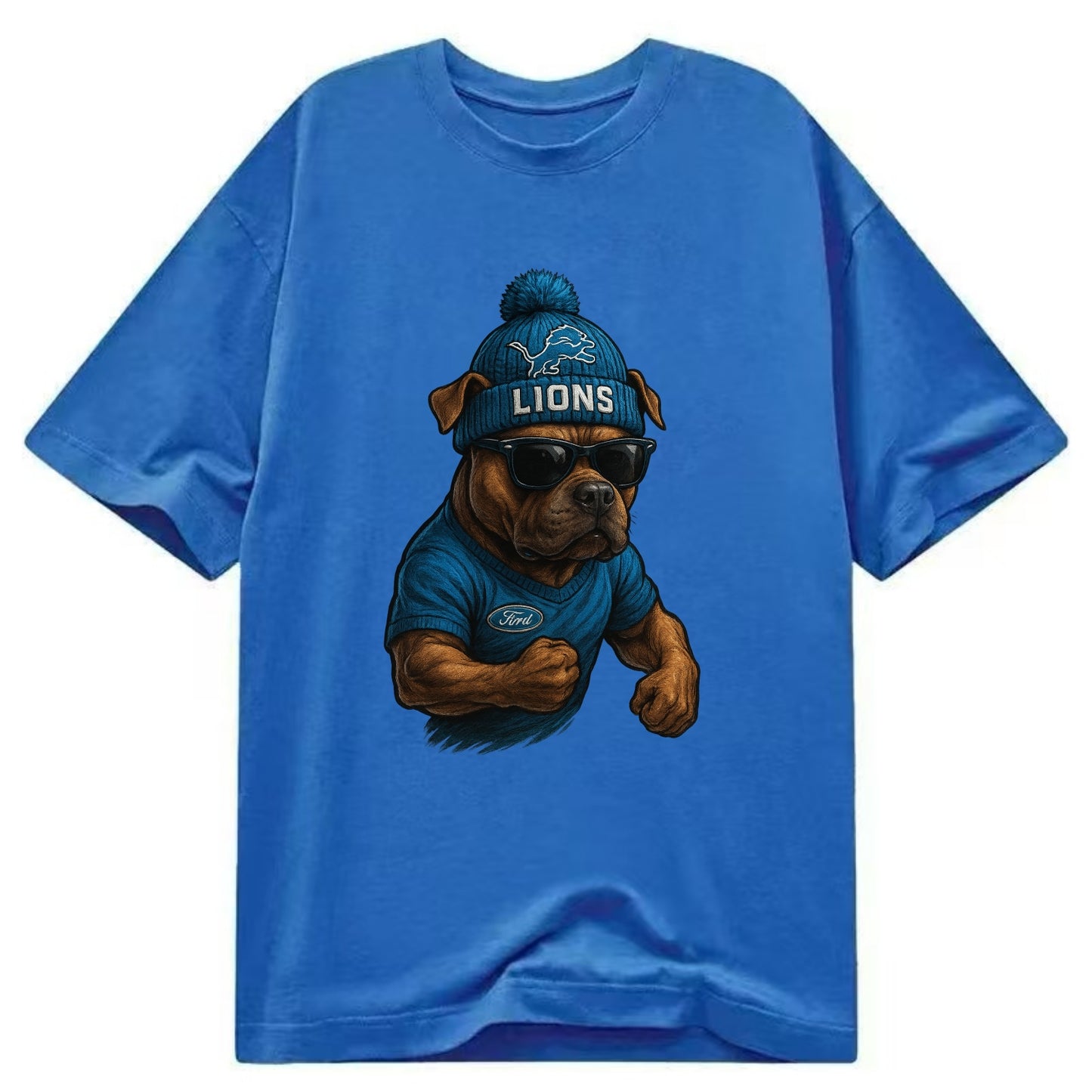 Detroit Pitbull wearing Lions beanie with auto patch and wayfarer sunglasses - Classic T-shirt - Blue