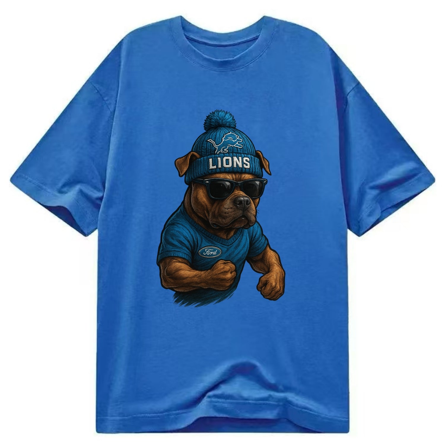 Detroit Pitbull wearing Lions beanie with auto patch and wayfarer sunglasses - Classic T-shirt - Blue