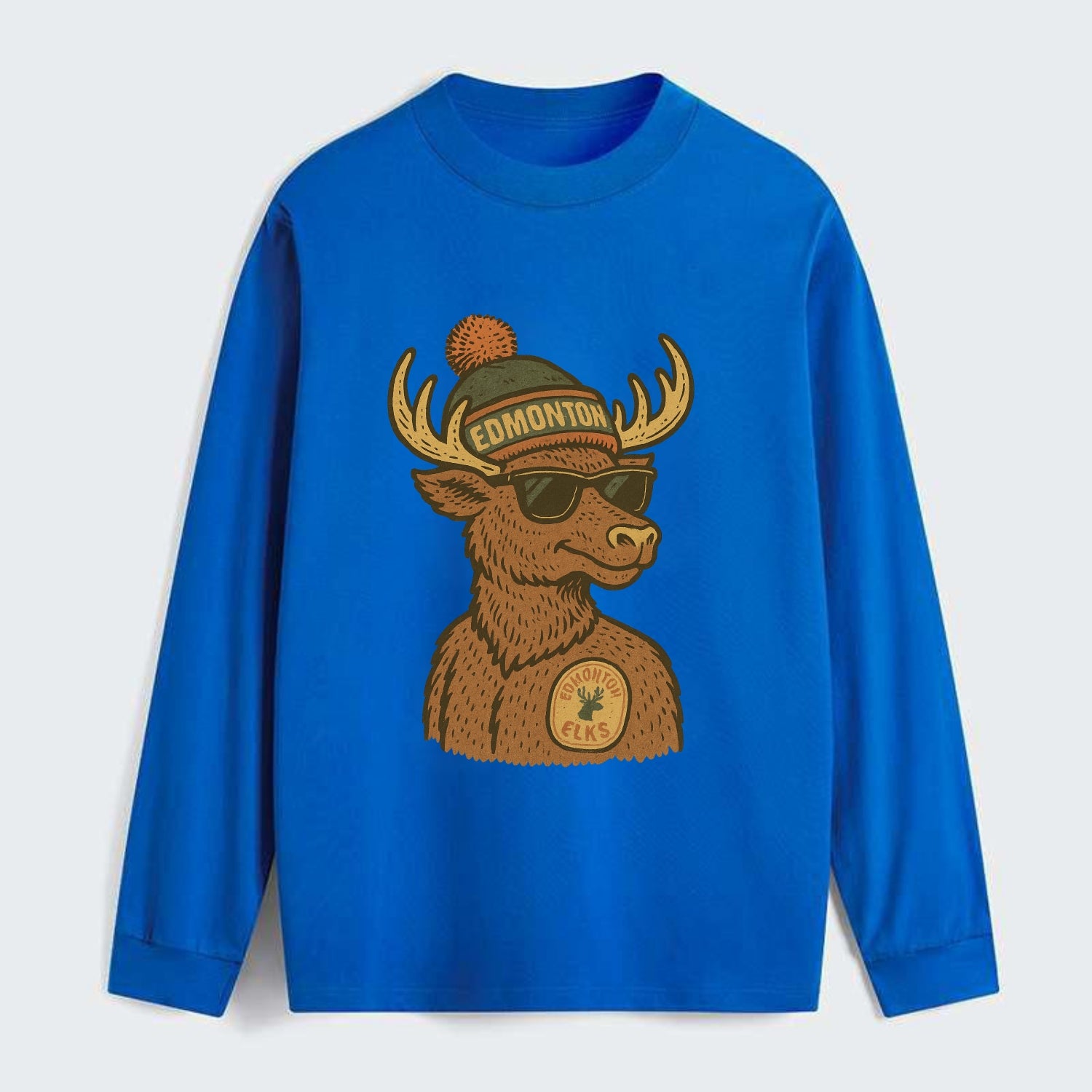 Edmonton Elk wearing Edmonton beanie with pom pom and wayfarer - Classic Long Sleeve Shirt - Blue