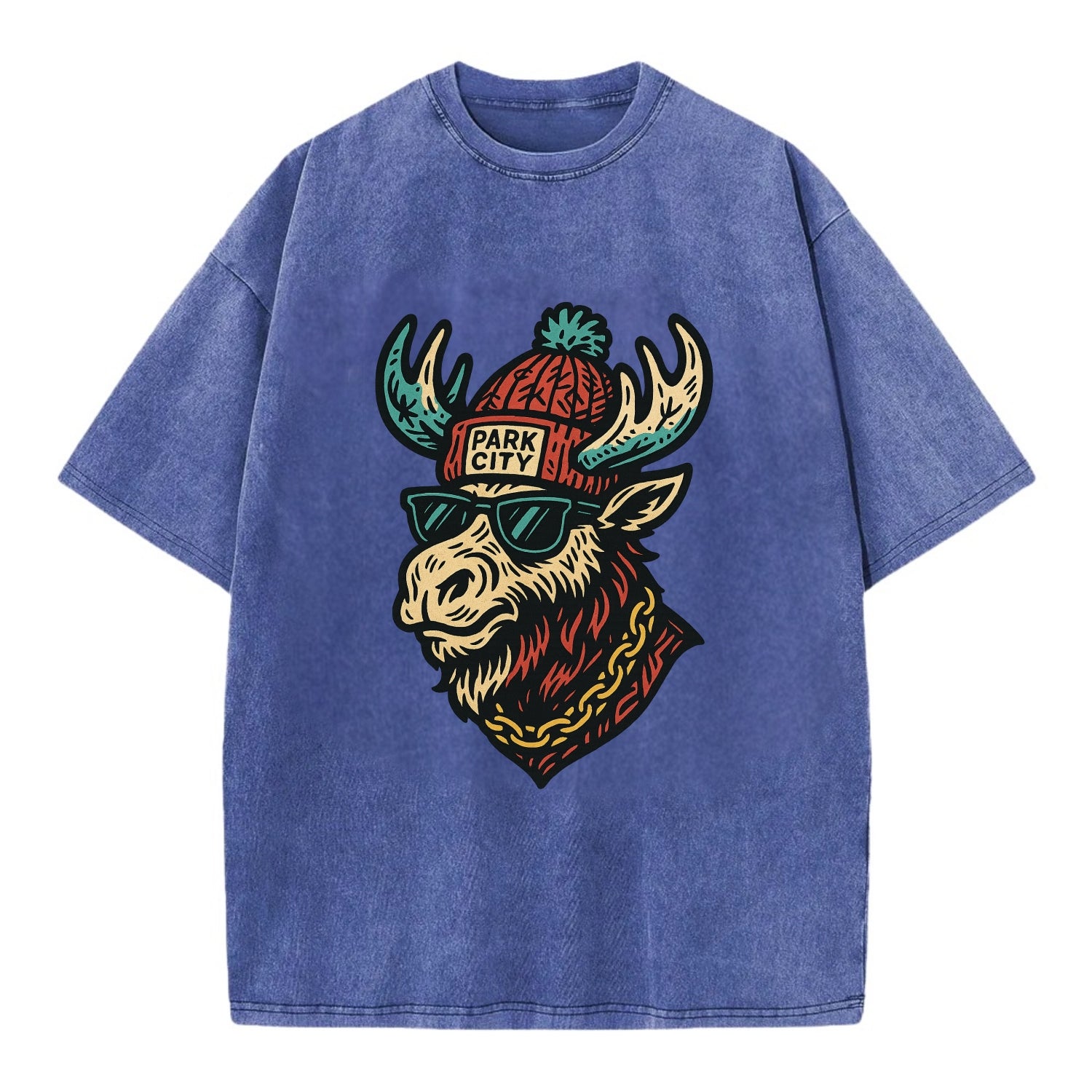 Park City Moose wearing Park City beanie with pom pom and wayfarer sunglasses - Vintage T-shirt - Blue