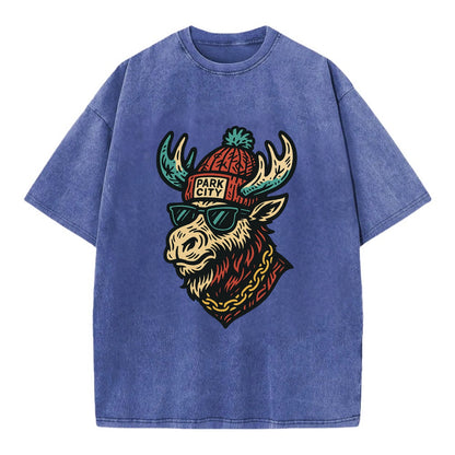 Park City Moose wearing Park City beanie with pom pom and wayfarer sunglasses - Vintage T-shirt - Blue