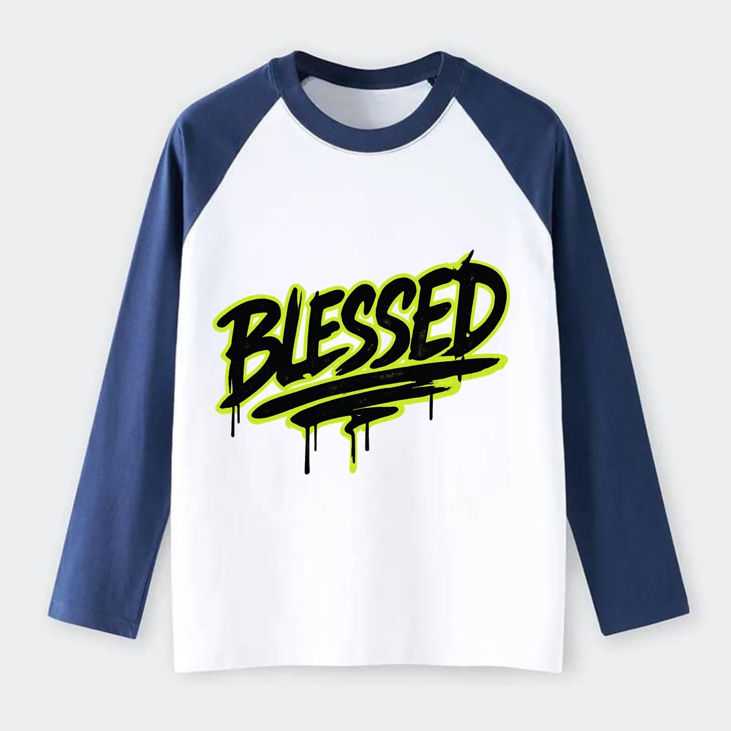 Bold typography design - "BLESSED" - recognizing good fortune, - Raglan Long Sleeve T-Shirt - Blue