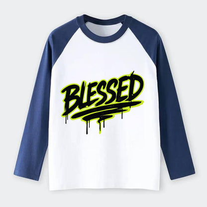 Bold typography design - "BLESSED" - recognizing good fortune, - Raglan Long Sleeve T-Shirt - Blue