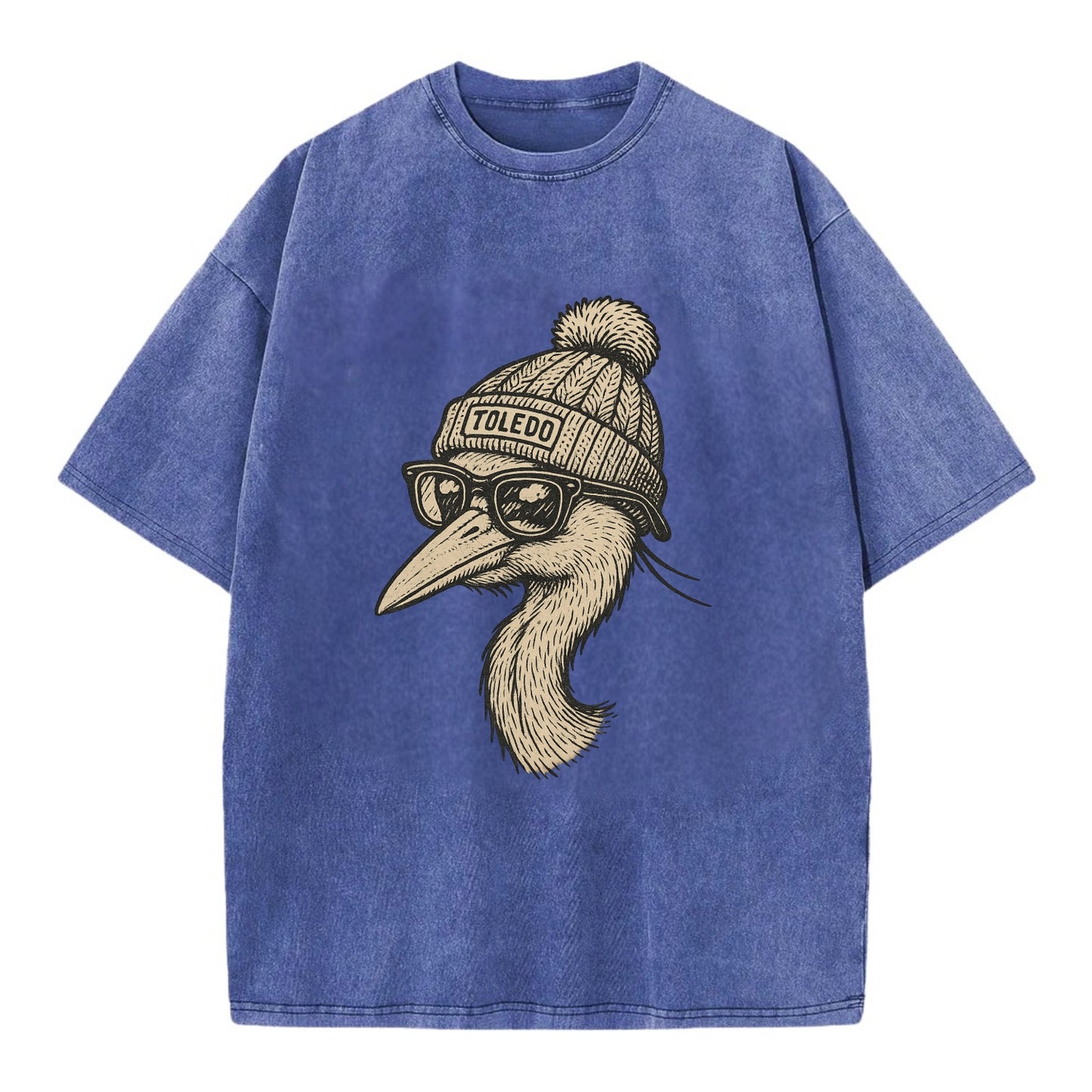 Toledo Great Blue Heron wearing Toledo beanie with pom pom and wayfarer sunglasses - Vintage T-shirt - Blue