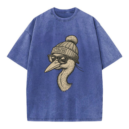 Toledo Great Blue Heron wearing Toledo beanie with pom pom and wayfarer sunglasses - Vintage T-shirt - Blue
