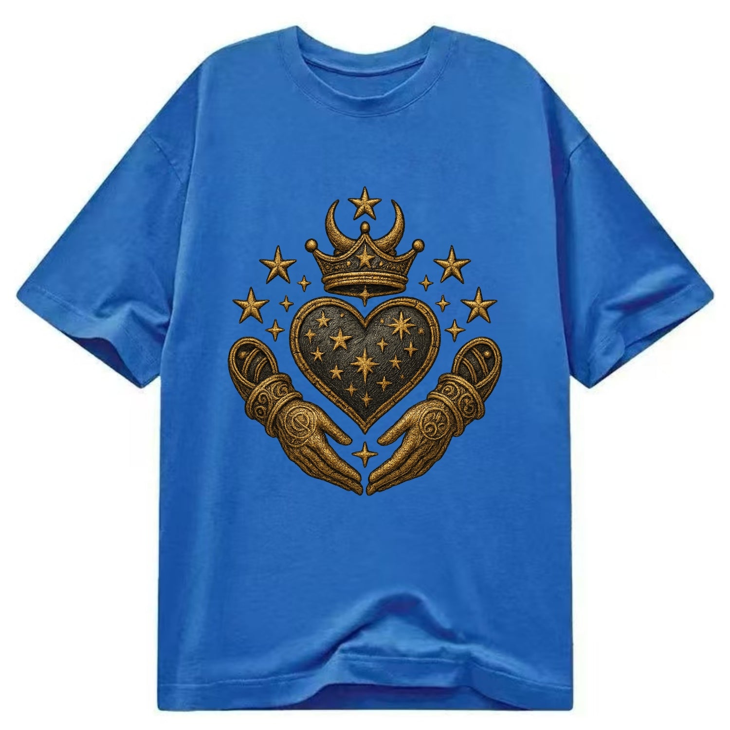 Weathered antique brass crown above a hammered gunmetal heart framed by ivy-woven - Classic T-shirt - Blue