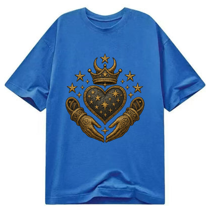 Weathered antique brass crown above a hammered gunmetal heart framed by ivy-woven - Classic T-shirt - Blue