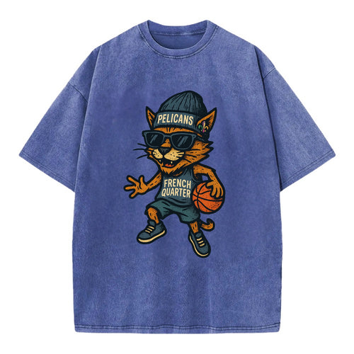 French Quarter Cat wearing Pelicans beanie with Mardi Gras patch and wayfarer - Vintage T-shirt