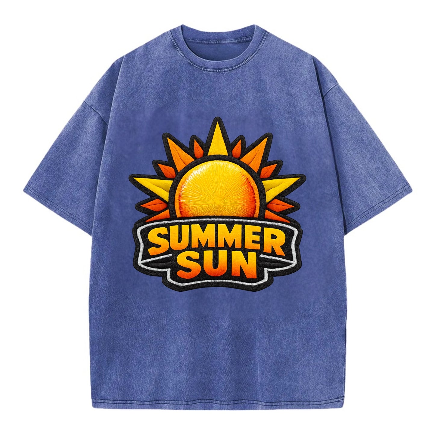 SUMMER SUN - bright sun with rays in yellow and orange , hot season - Vintage T-shirt - Blue