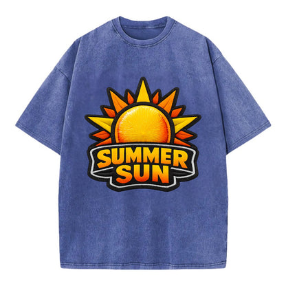SUMMER SUN - bright sun with rays in yellow and orange , hot season - Vintage T-shirt - Blue