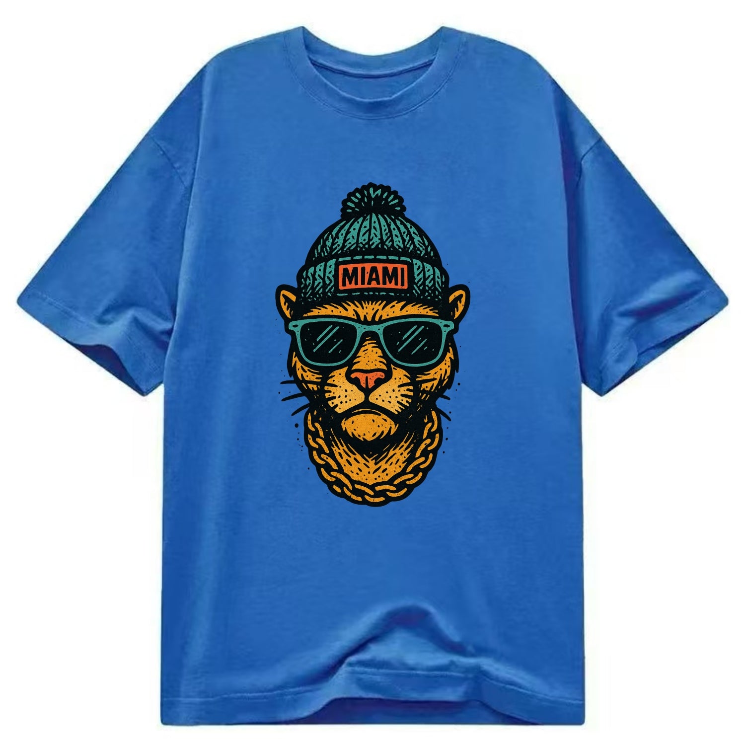 Florida Panther wearing Miami beanie with pom pom and wayfarer sunglasses - Classic T-shirt - Blue