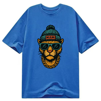 Florida Panther wearing Miami beanie with pom pom and wayfarer sunglasses - Classic T-shirt - Blue