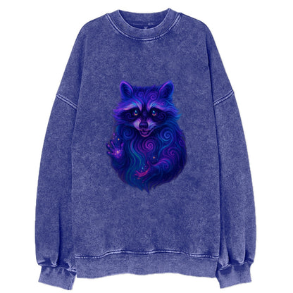 Playful raccoon with mask swirling in hypnotic patterns, neon purple and green - Vintage Sweatshirt - Blue