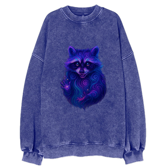 Playful raccoon with mask swirling in hypnotic patterns, neon purple and green - Vintage Sweatshirt - Blue