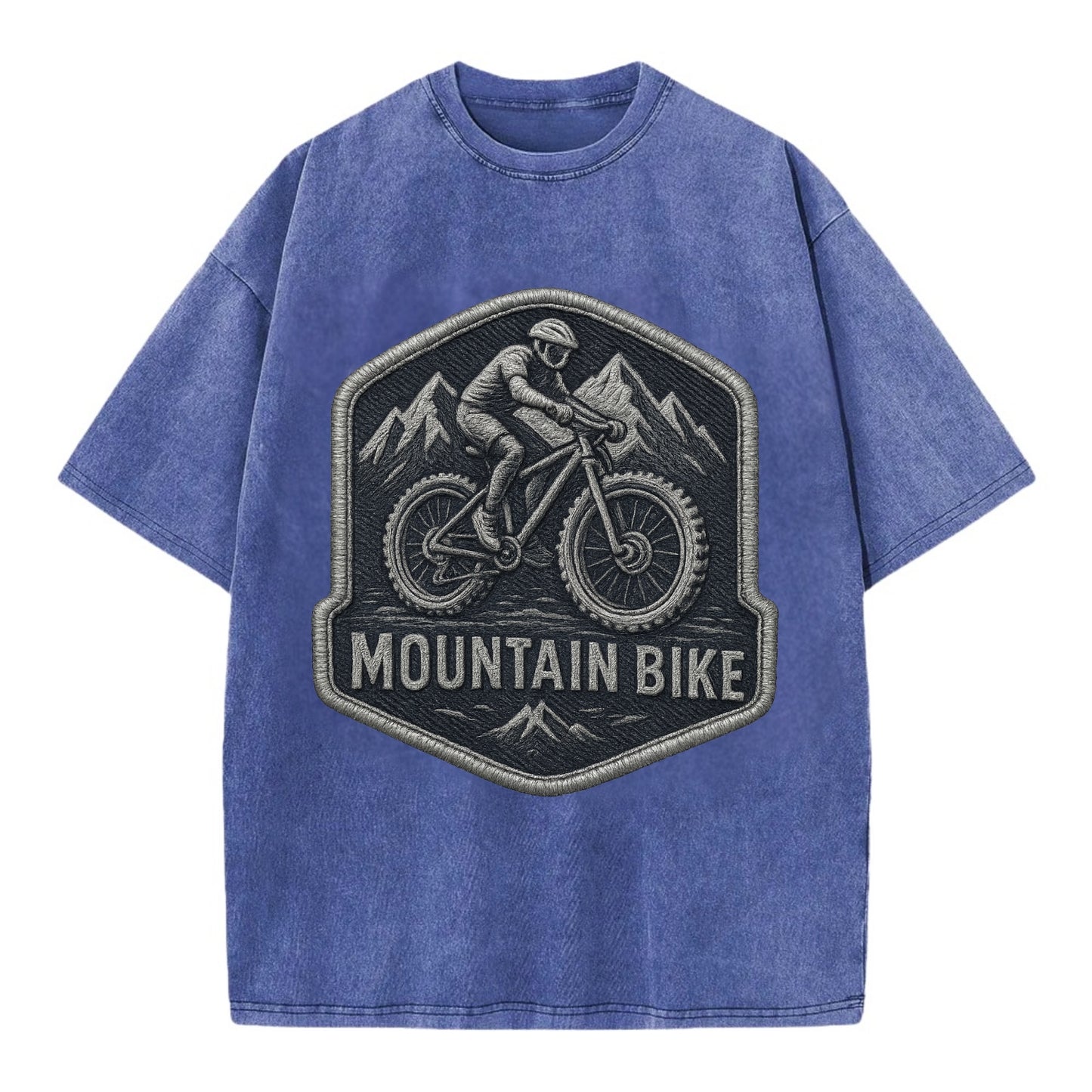 Mountain bike with rugged tires - cyclist badge - Vintage T-shirt - Blue