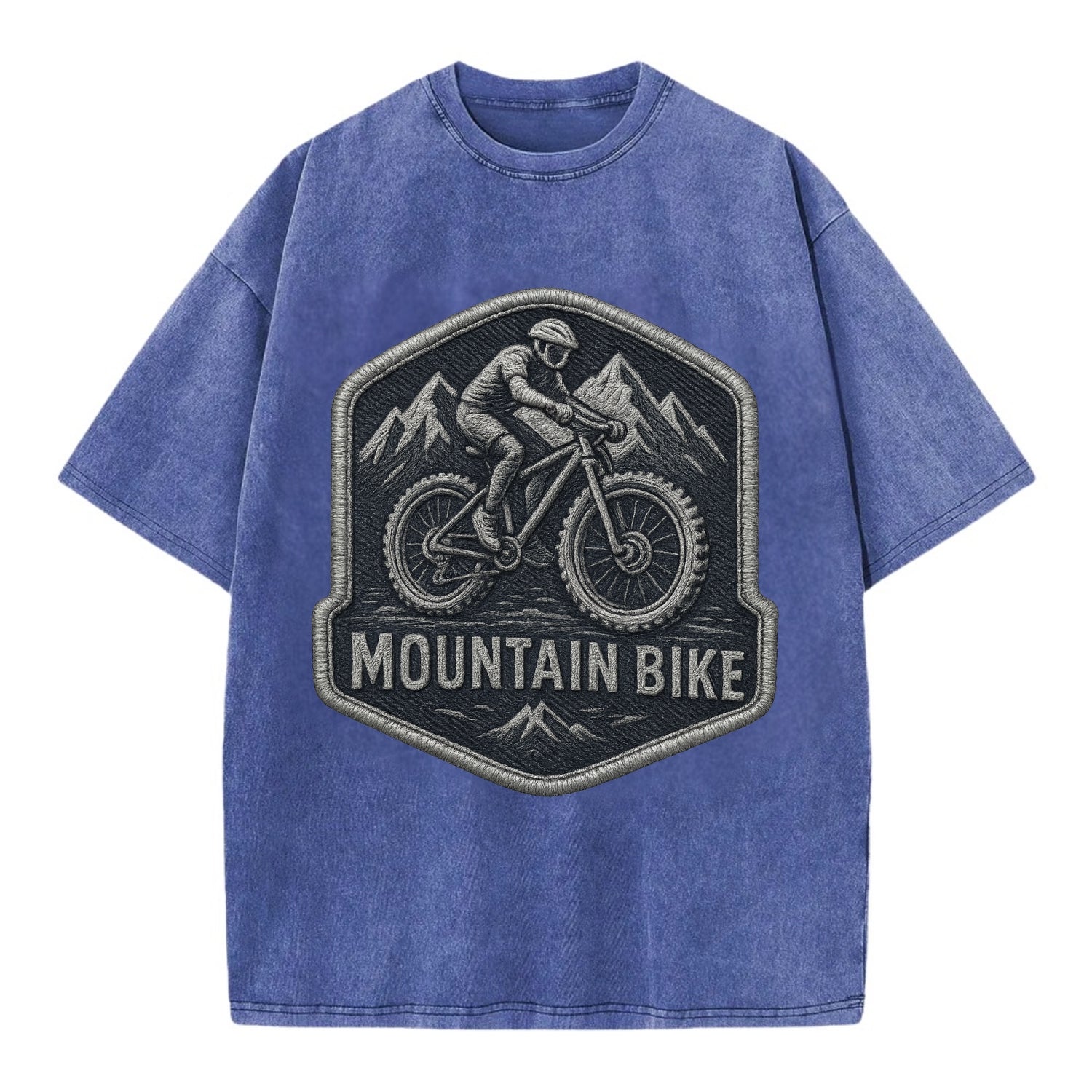 Mountain bike with rugged tires - cyclist badge - Vintage T-shirt - Blue