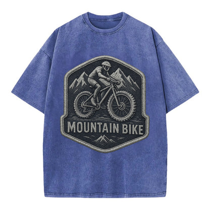 Mountain bike with rugged tires - cyclist badge - Vintage T-shirt - Blue
