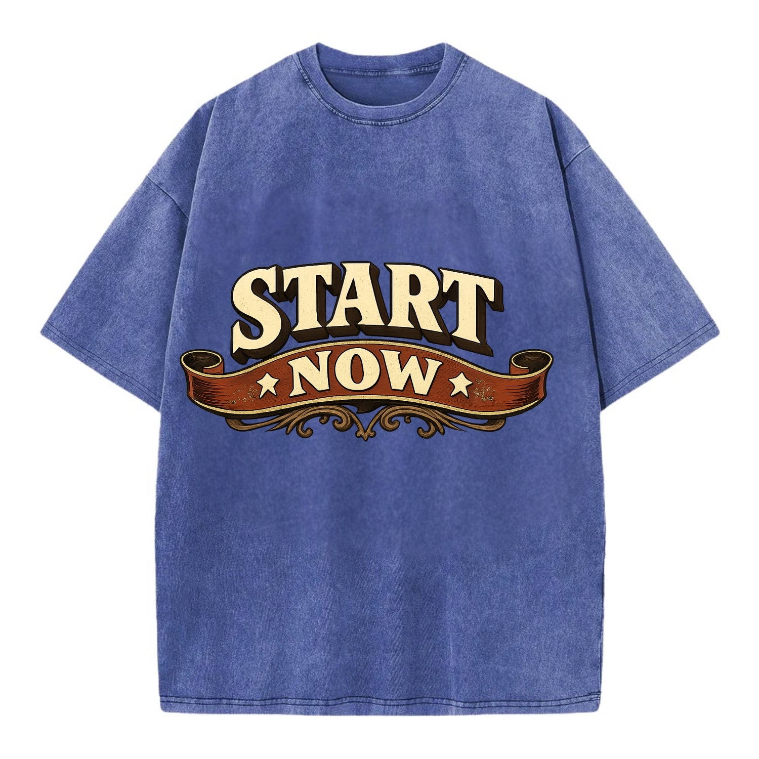 Bold typography design - "START NOW" - begin immediately, no delay - Vintage T-shirt - Blue