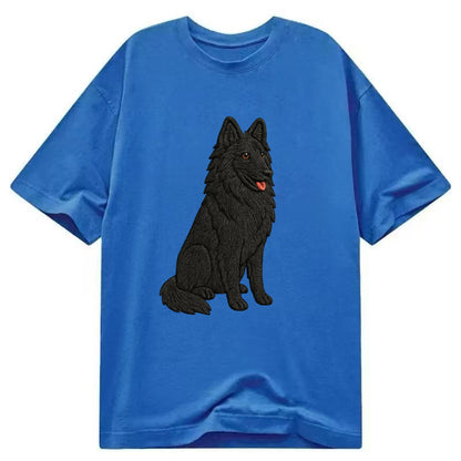 Belgian Sheepdog - Black long-haired embroidered pose - Classic T-shirt - Blue