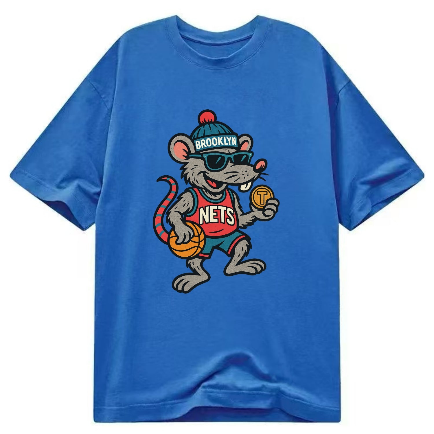 Brooklyn Rat wearing Nets beanie with subway token and wayfarer sunglasses - Classic T-shirt - Blue