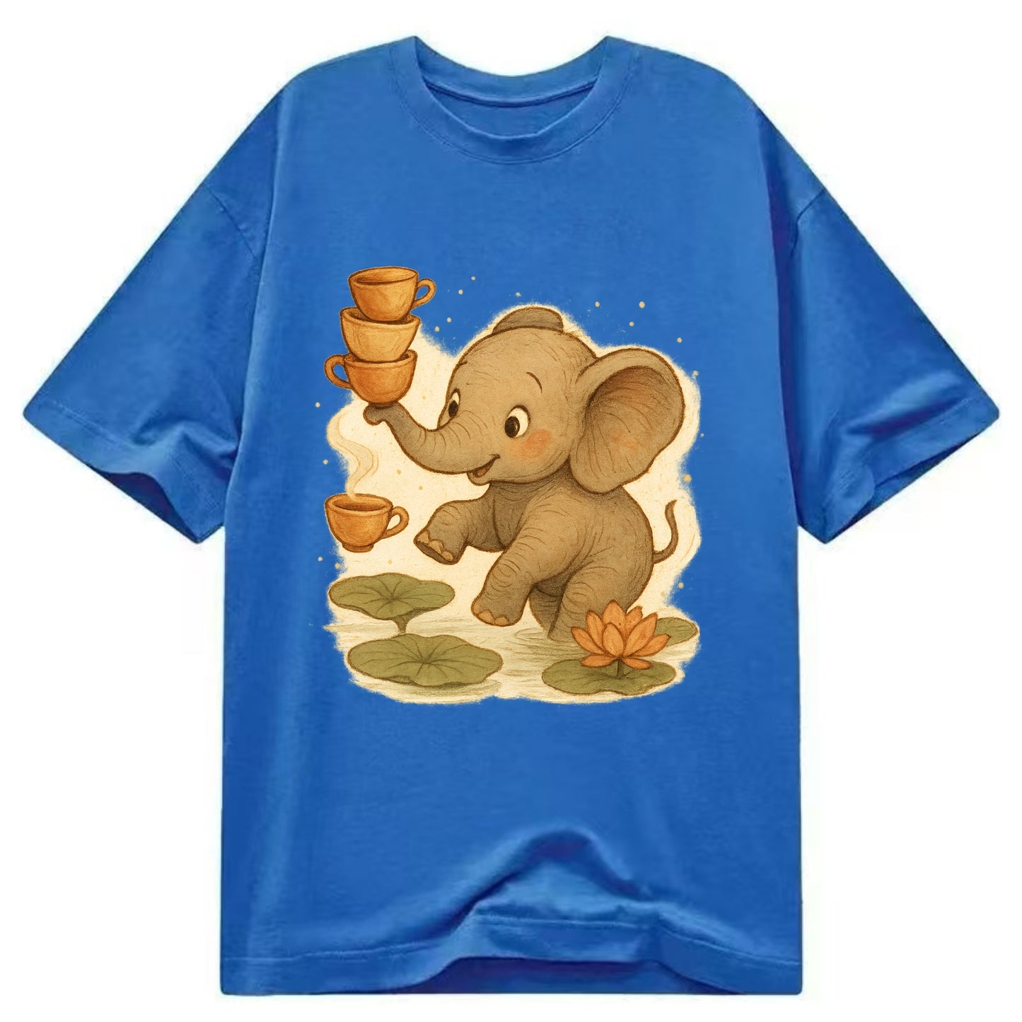 Elephant balancing teacups during a floating tea ceremony beside lotus ponds - Classic T-shirt - Blue