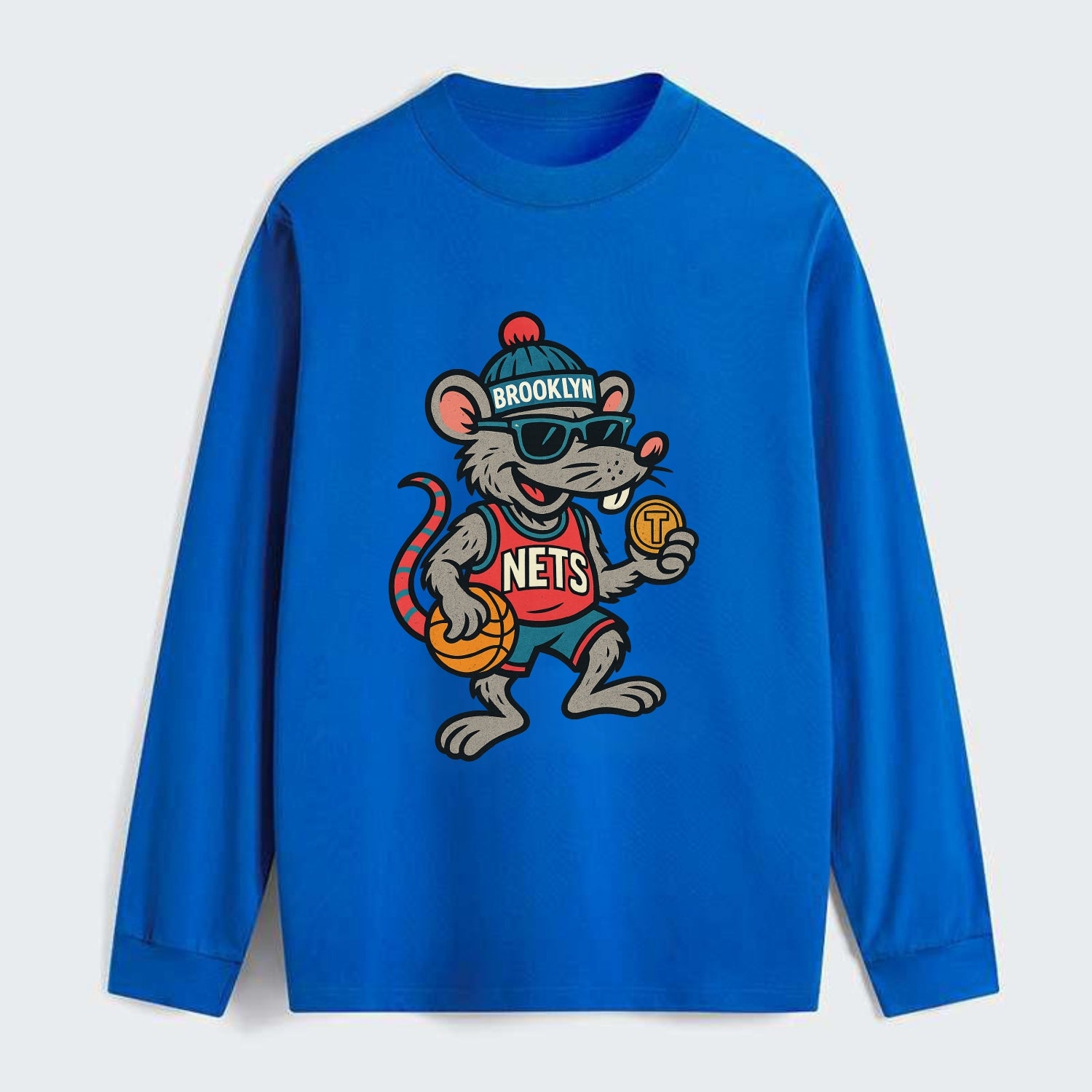 Brooklyn Rat wearing Nets beanie with subway token and wayfarer - Classic Long Sleeve Shirt - Blue