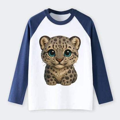 Baby Snow Leopard Cub - gray spotted, thick fur, blue-green eyes, - Raglan Long Sleeve T-Shirt - Blue
