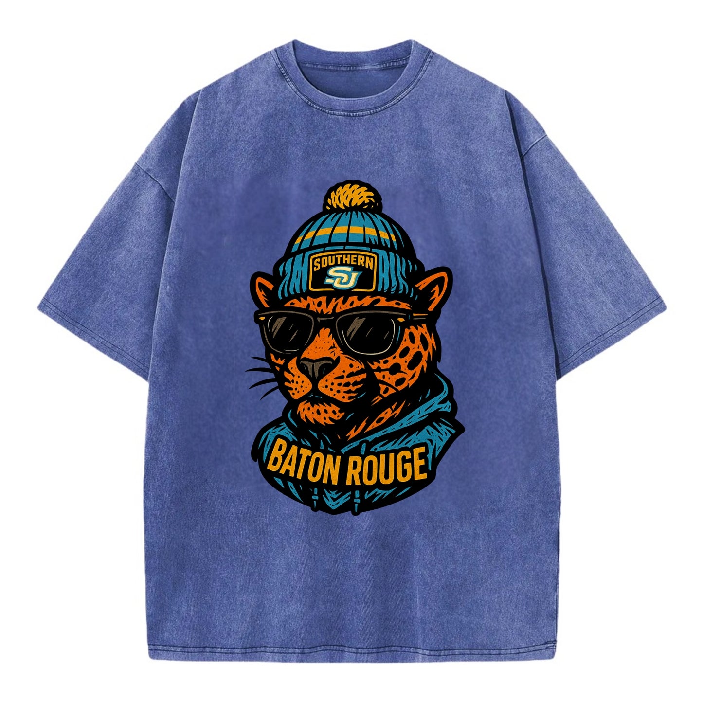 Baton Rouge Jaguar wearing Southern beanie with SU patch - Vintage T-shirt - Blue