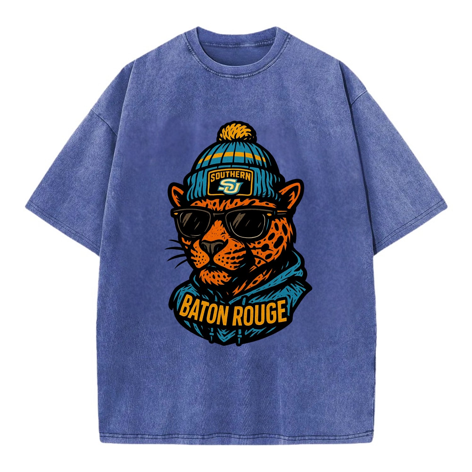 Baton Rouge Jaguar wearing Southern beanie with SU patch - Vintage T-shirt - Blue