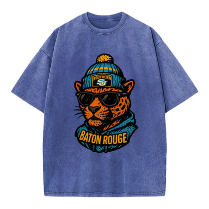 Baton Rouge Jaguar wearing Southern beanie with SU patch - Vintage T-shirt - Blue